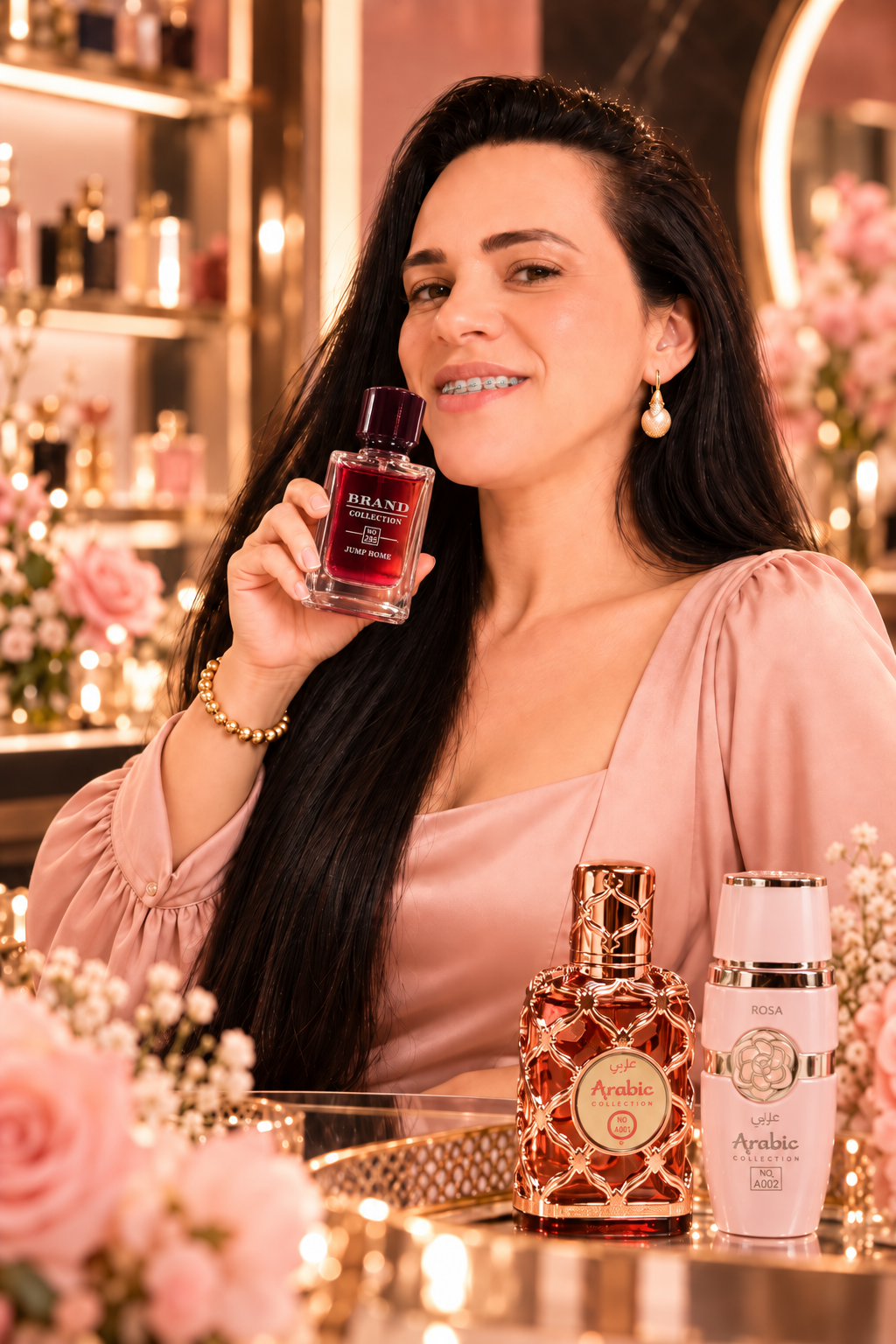Mulher segurando o frasco Jump Home ao lado de outros perfumes